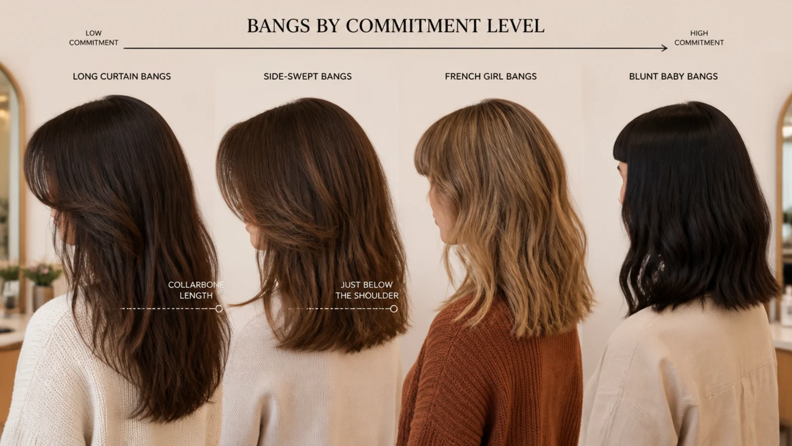 Four fringe lengths shown in order from a face framing piece to a blunt brow fringe