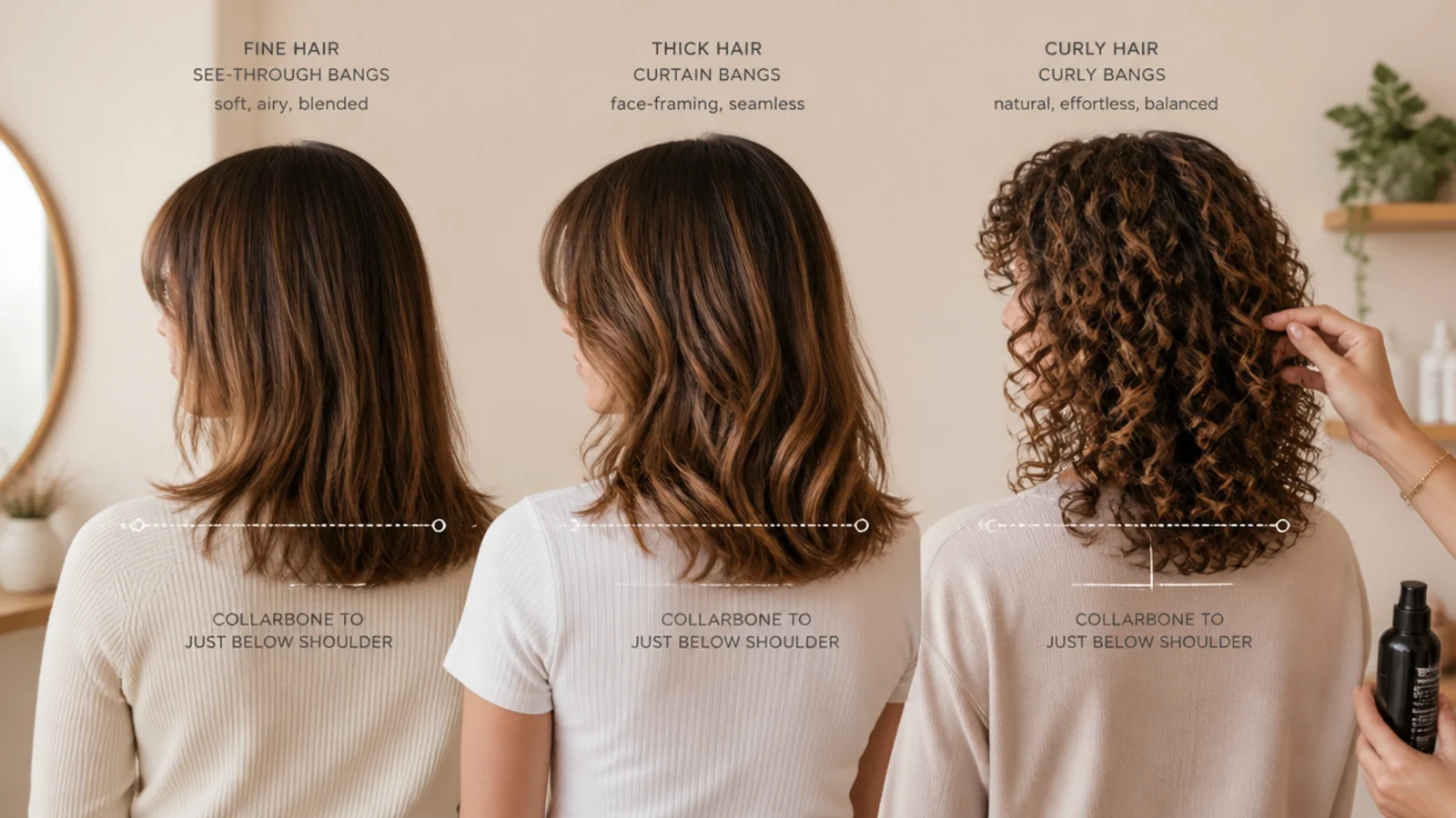 Curtain bangs shown on fine, thick and curly textures side by side