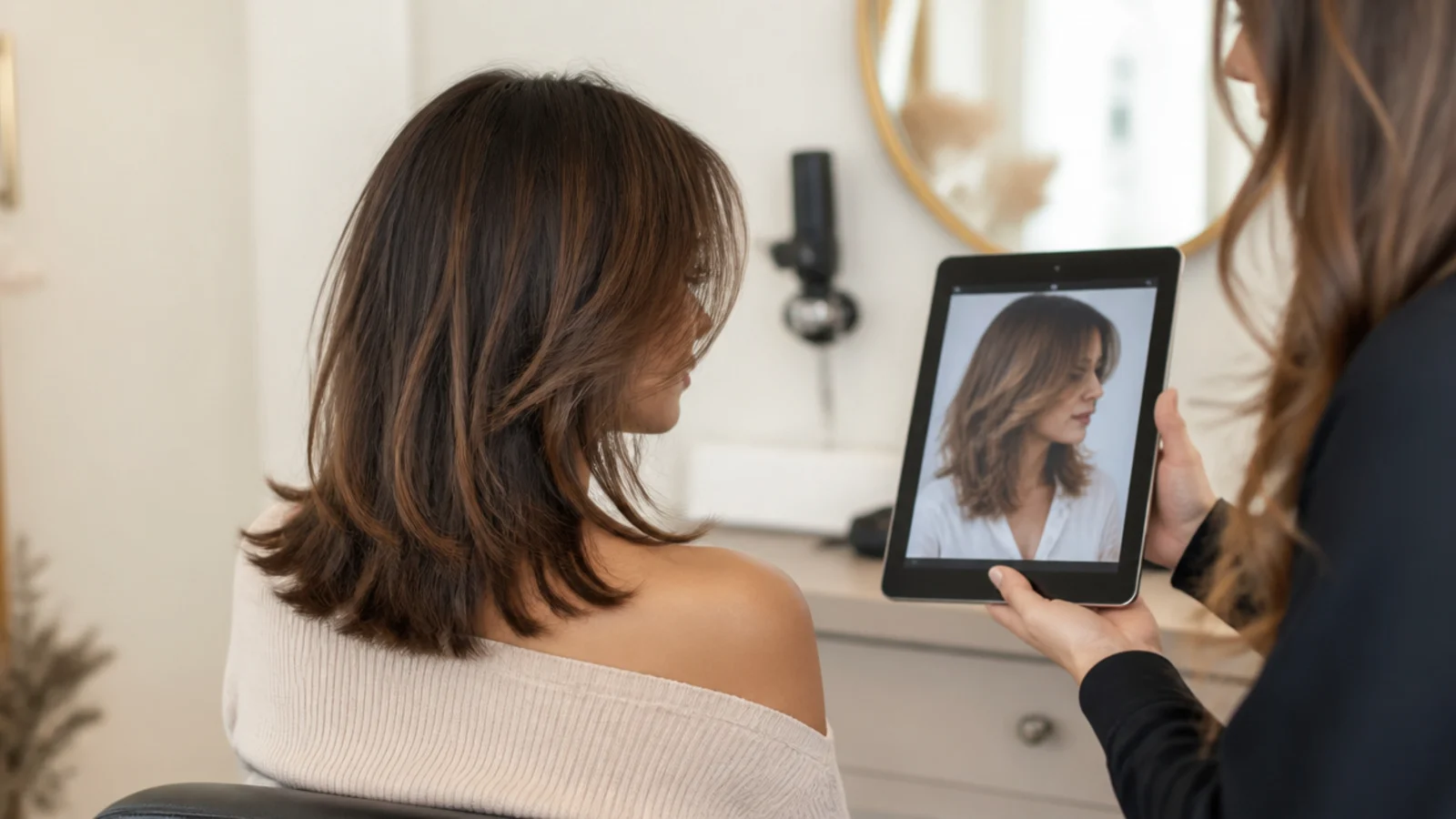 A stylist checking the shortest point of a fringe against a client's cheekbone