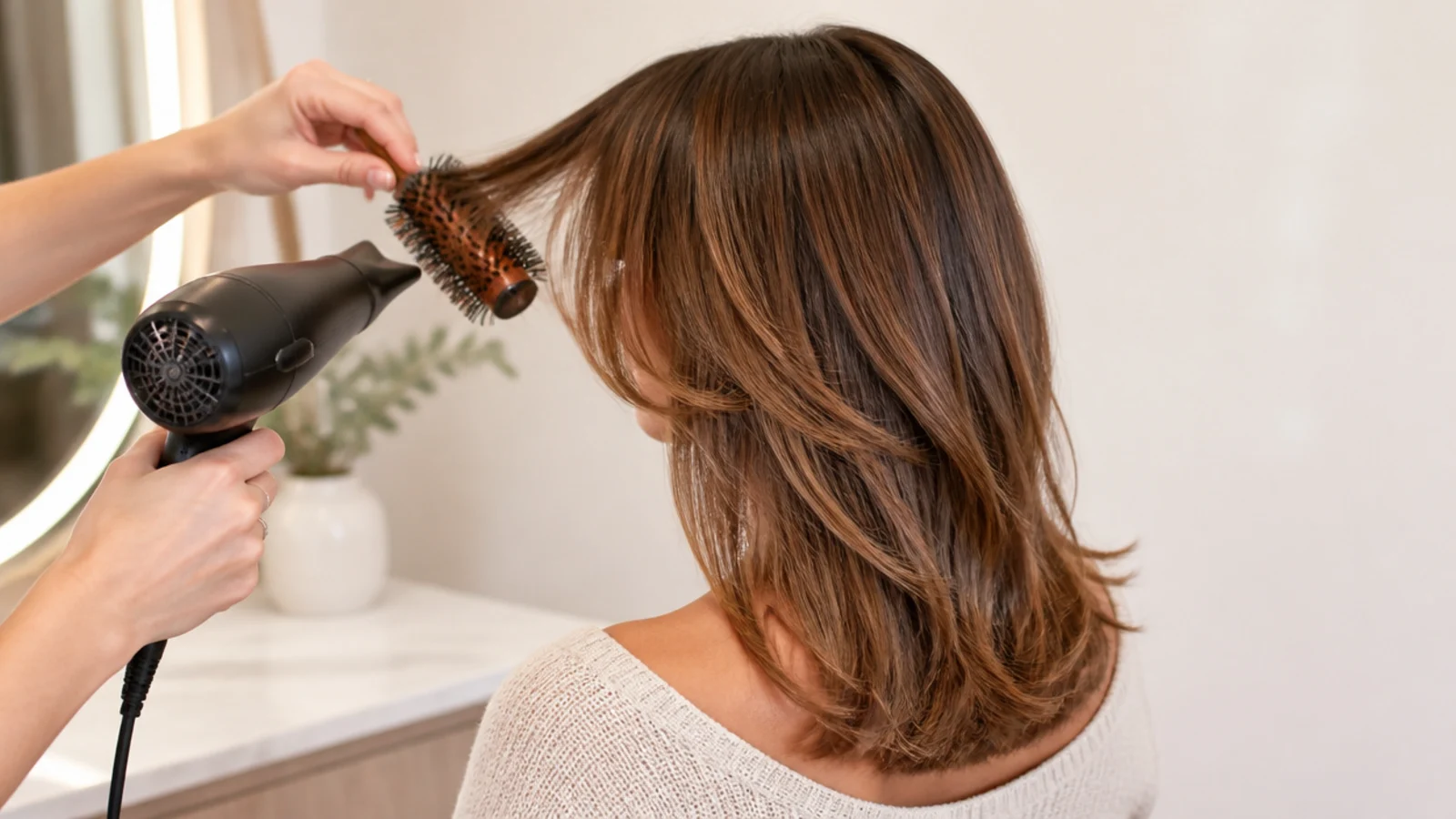 A round brush drying a fringe away from the face at the roots