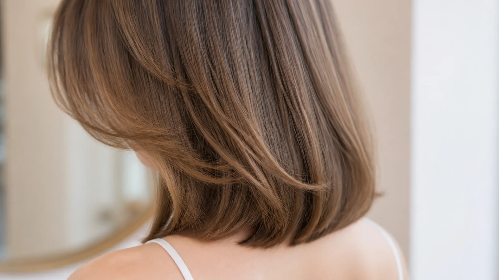 A smooth round brushed lob with lift at the roots