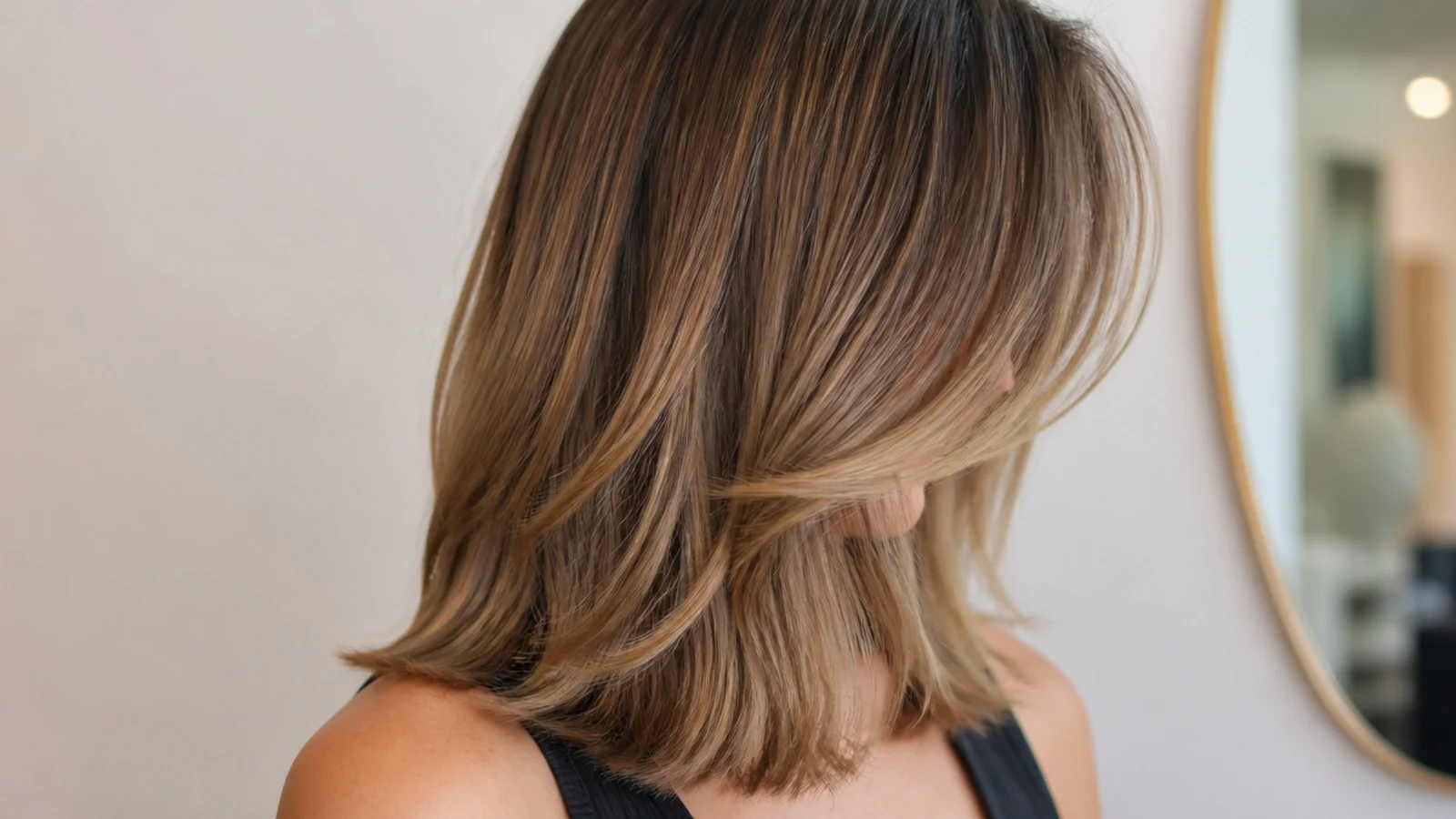 A fringe swept diagonally across the forehead on fine hair