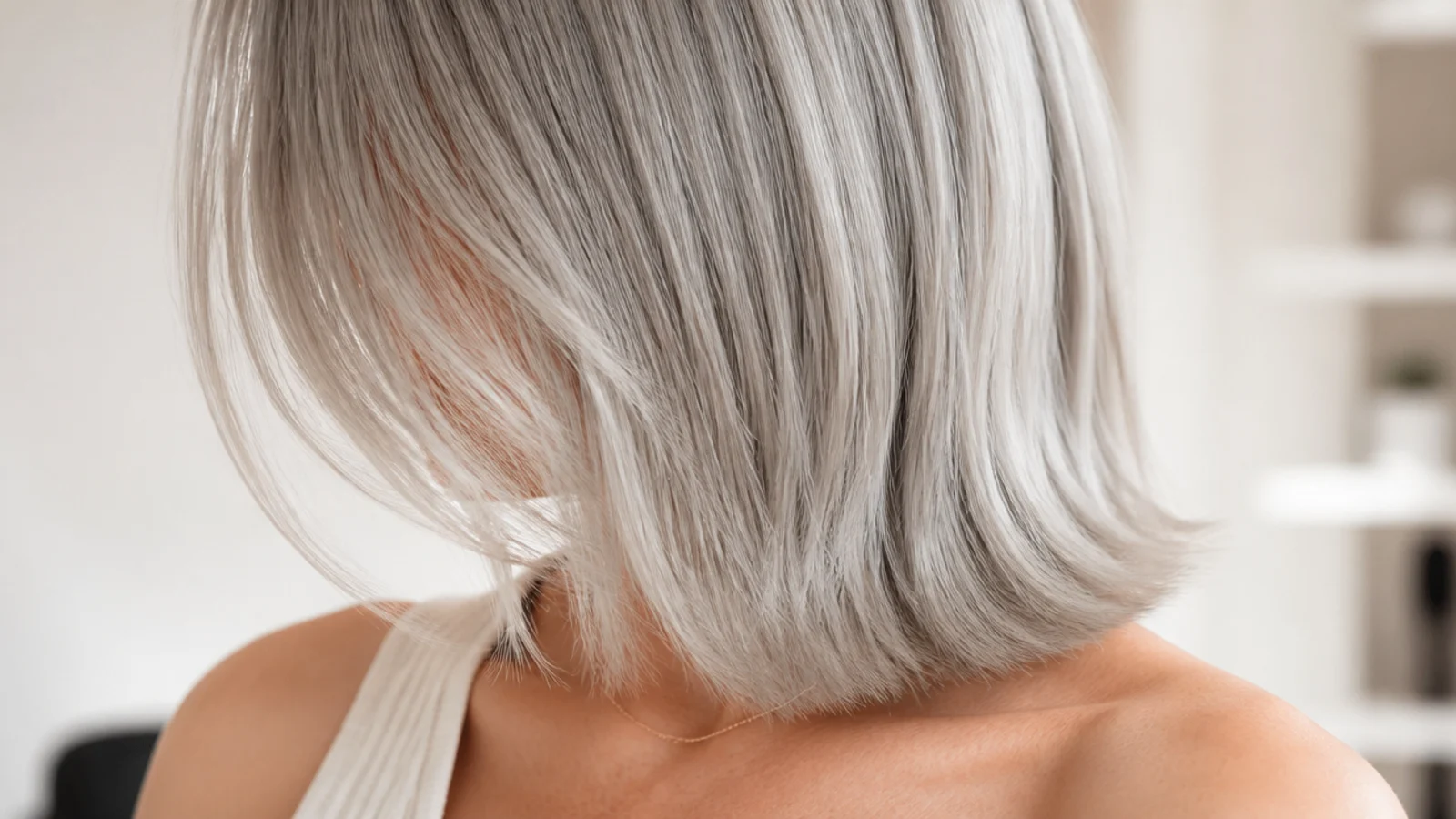 Fine silver grey hair cut to a blunt collarbone line