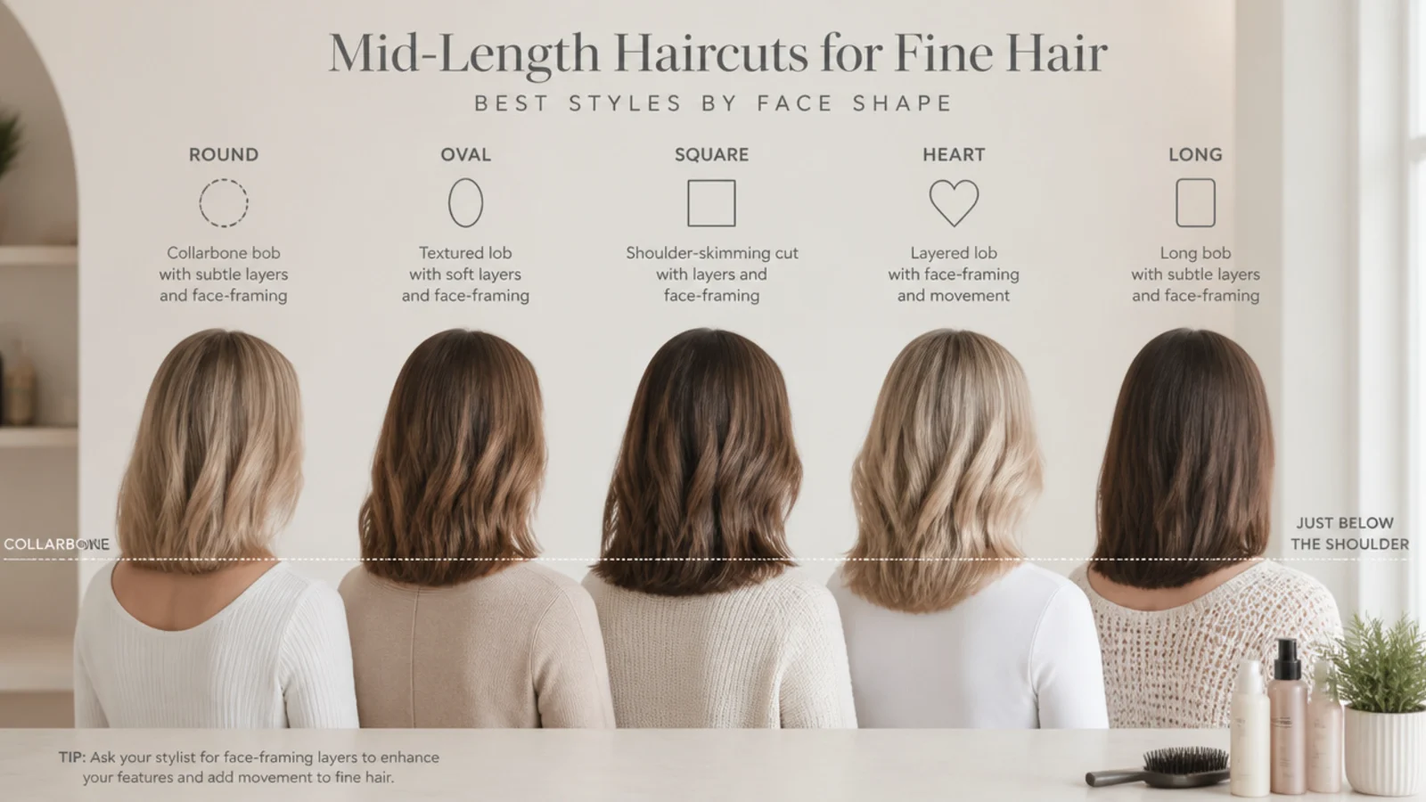 The same fine hair cut adapted for round, long, square and heart shaped faces