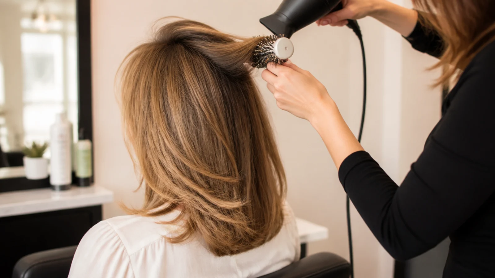 A round brush lifting fine hair at the roots during a blow dry