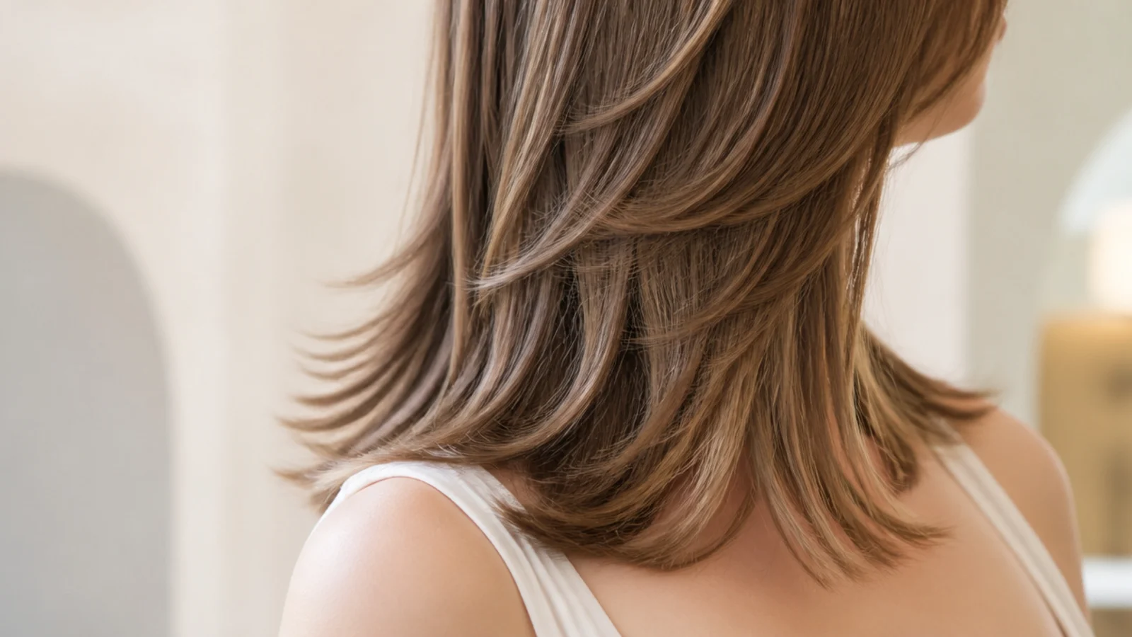 A butterfly cut with short chin length layers over a long perimeter