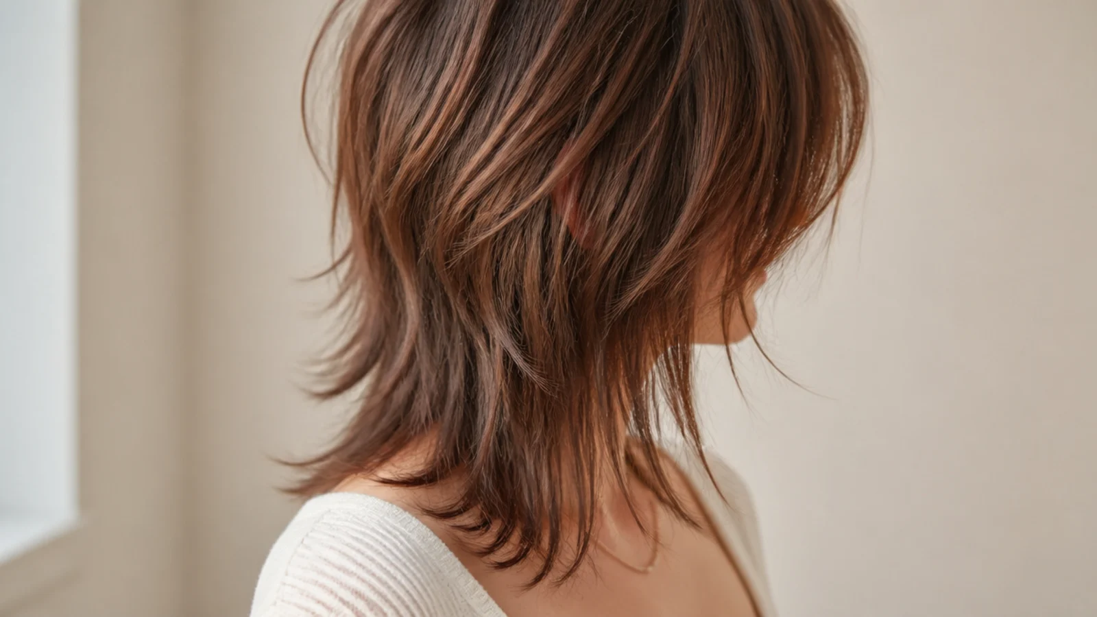 A wolf cut with volume high at the crown and thin ends