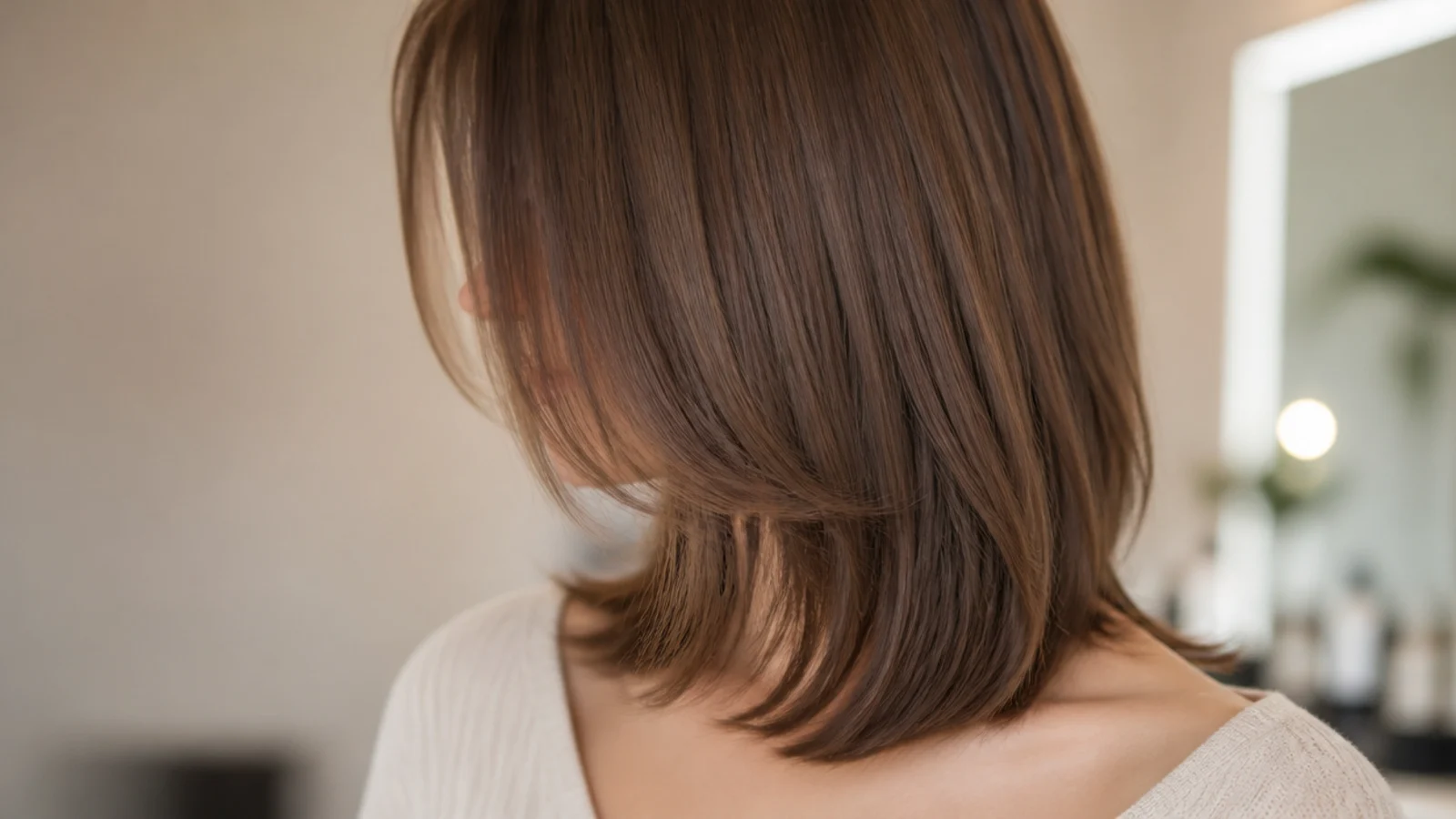 Softly feathered layer ends on straight hair