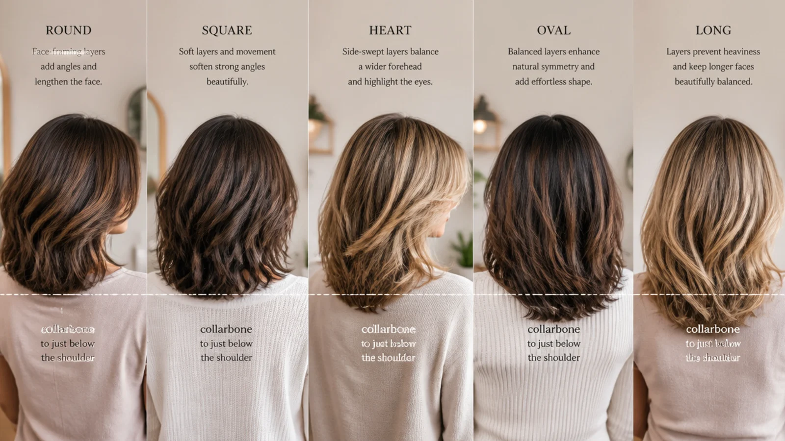 The same layered cut adapted for round, long, square and heart shaped faces