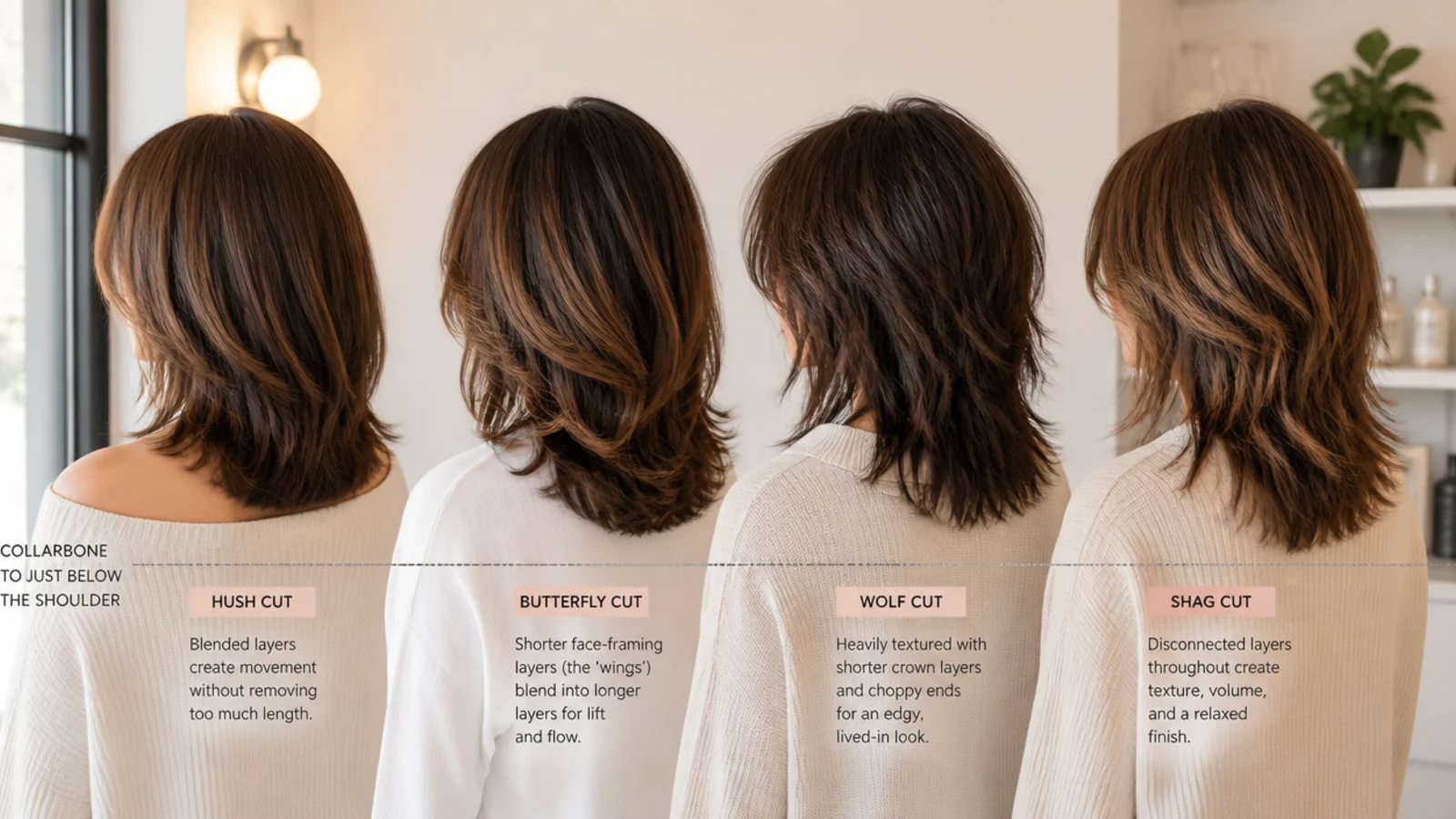 Butterfly, hush, wolf, shag and long graduated layers shown side by side