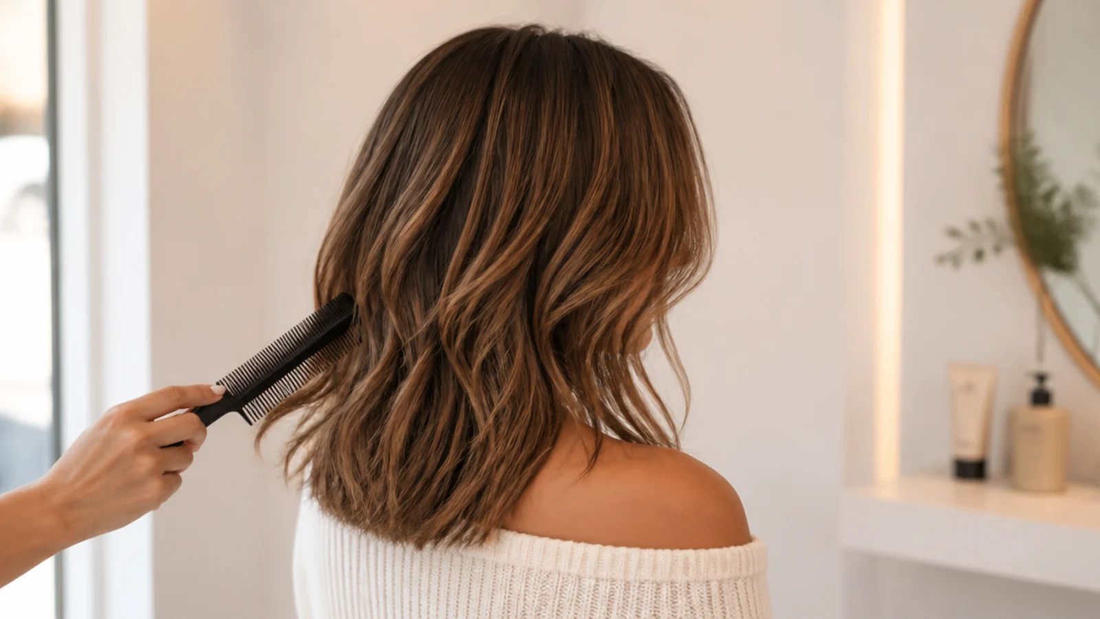 Layered hair falling to the collarbone measured against a level chin