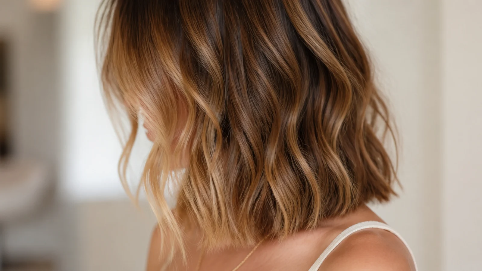 Loose alternating waves through collarbone length hair