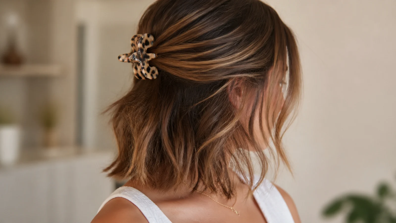 The top section gathered into a claw clip with the length left loose