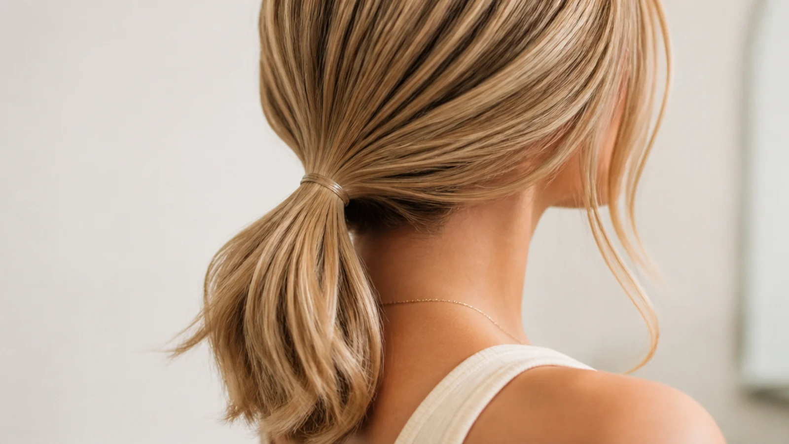 A smooth low ponytail with the hairline brushed flat