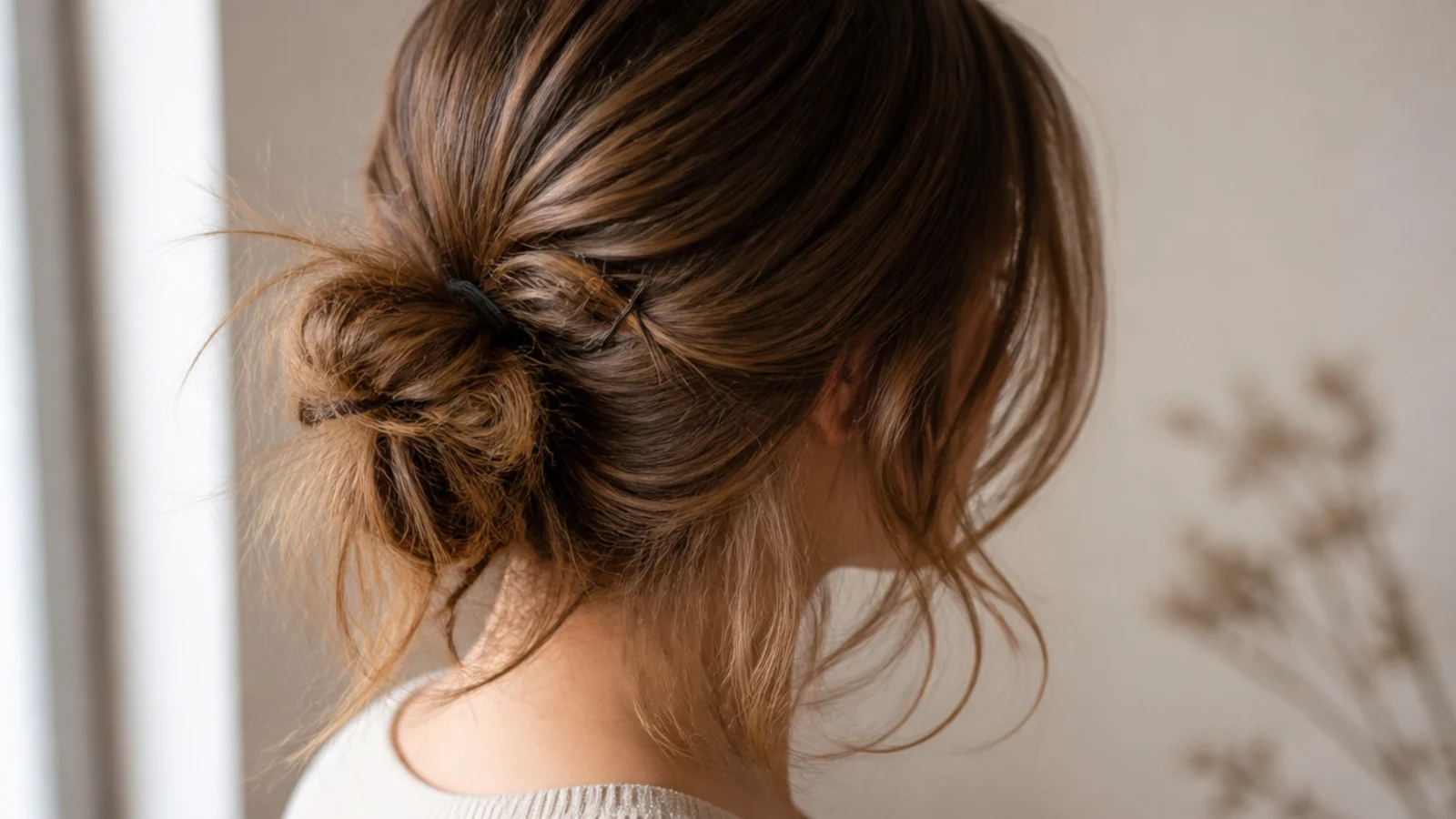 A loose textured bun with pieces falling around the face