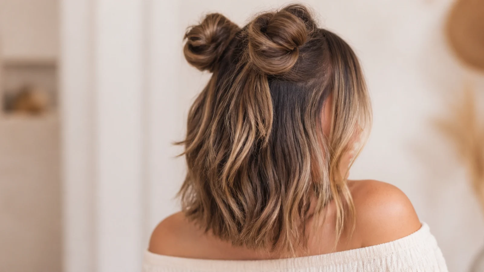 Two small buns set high on either side of the head