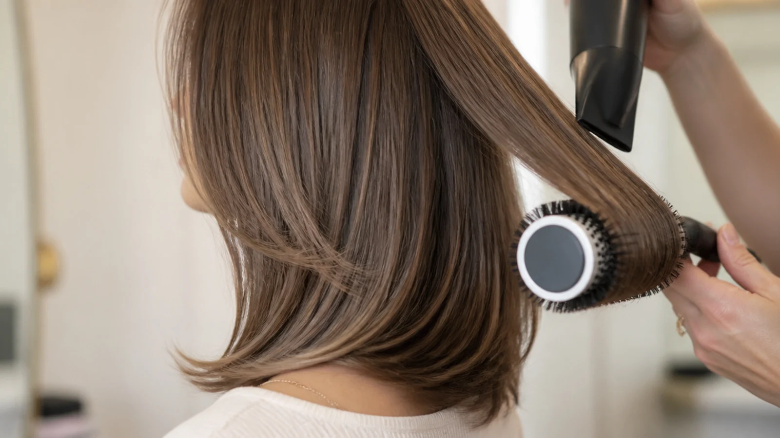 A large round brush drying a section with lift at the root