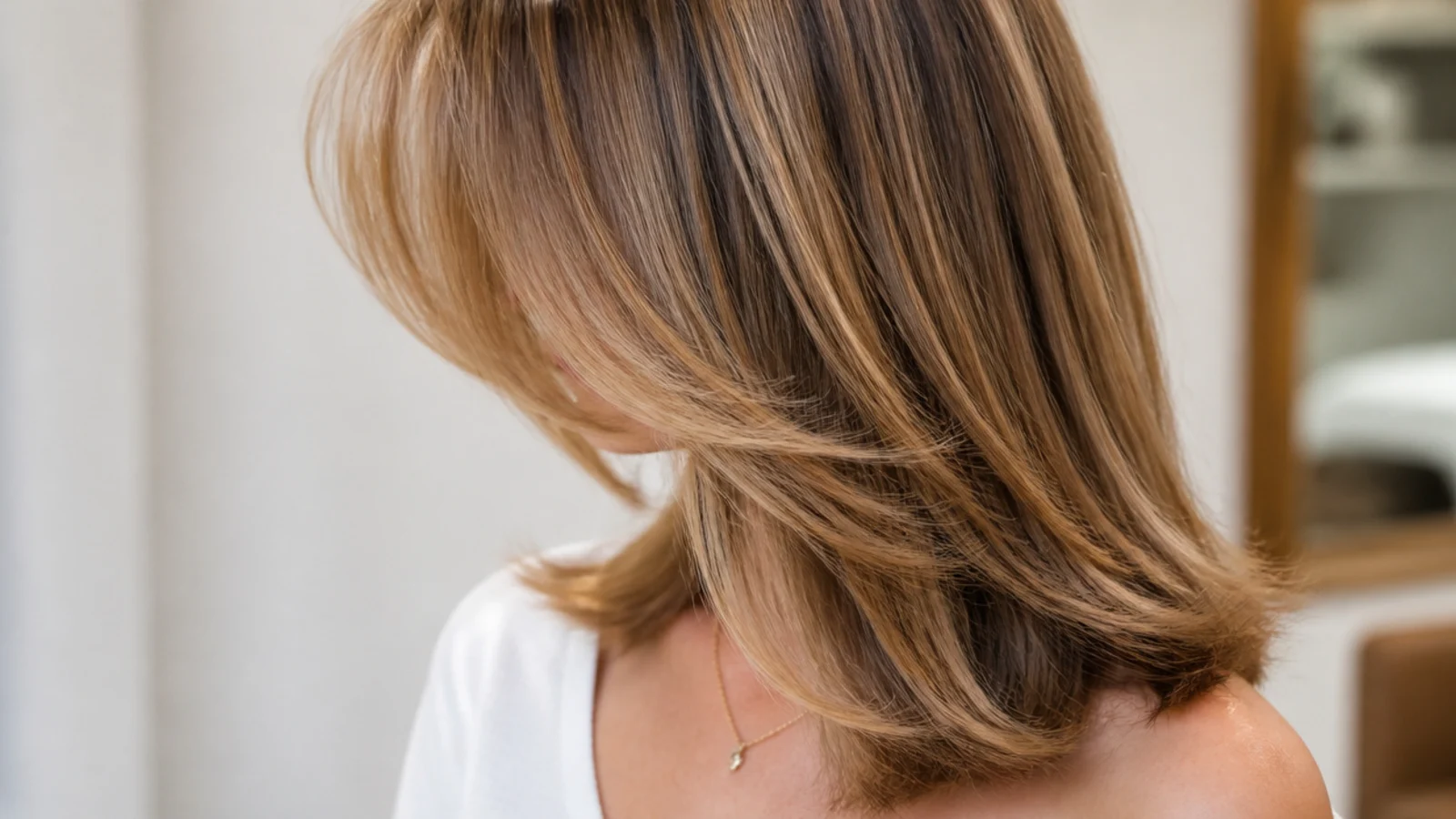 A fringe blow dried away from the face and flipped back with lift at the root