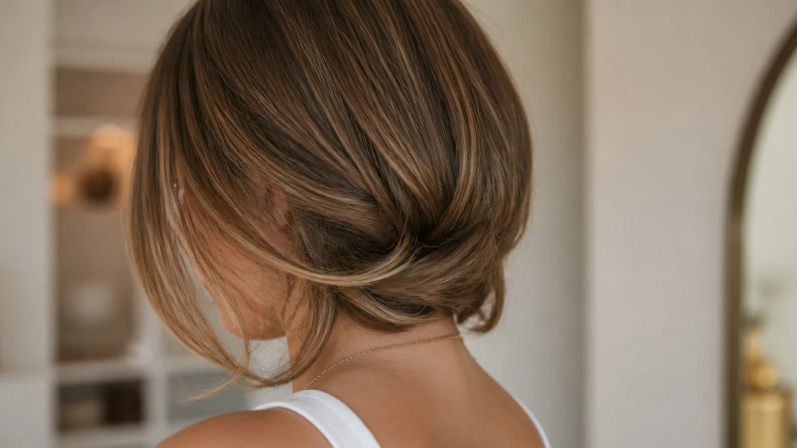 Mid length hair pinned under at the nape to look like a bob