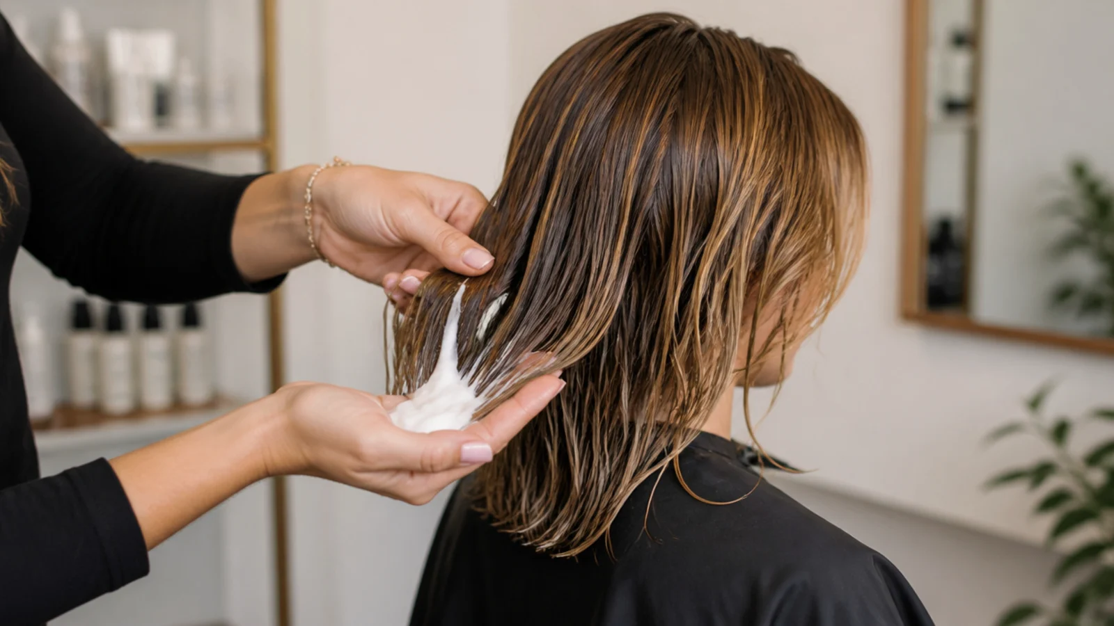 A styling lotion being combed through the mid lengths of damp hair