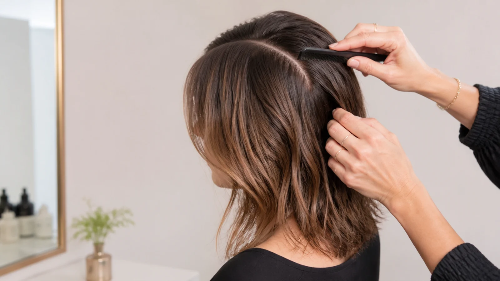 A parting combed into position on damp hair before drying finishes