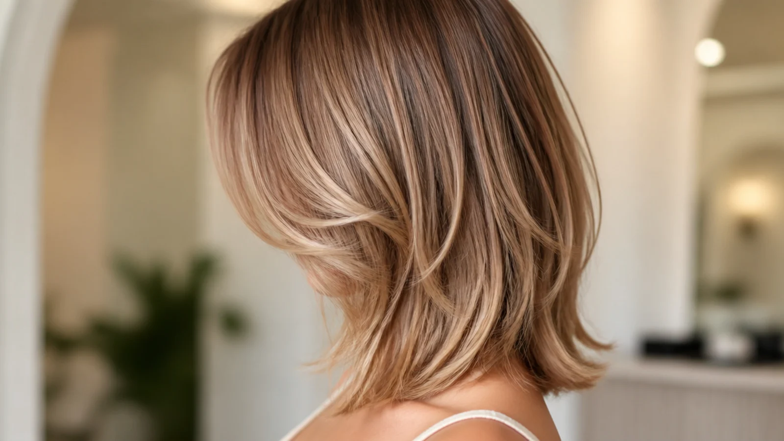 Soft curtain bangs parted at the centre over mid length hair