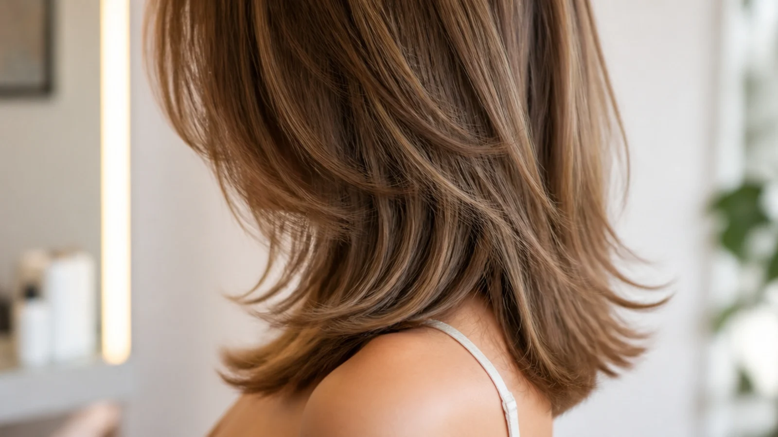 A butterfly cut with short chin length layers over a long perimeter