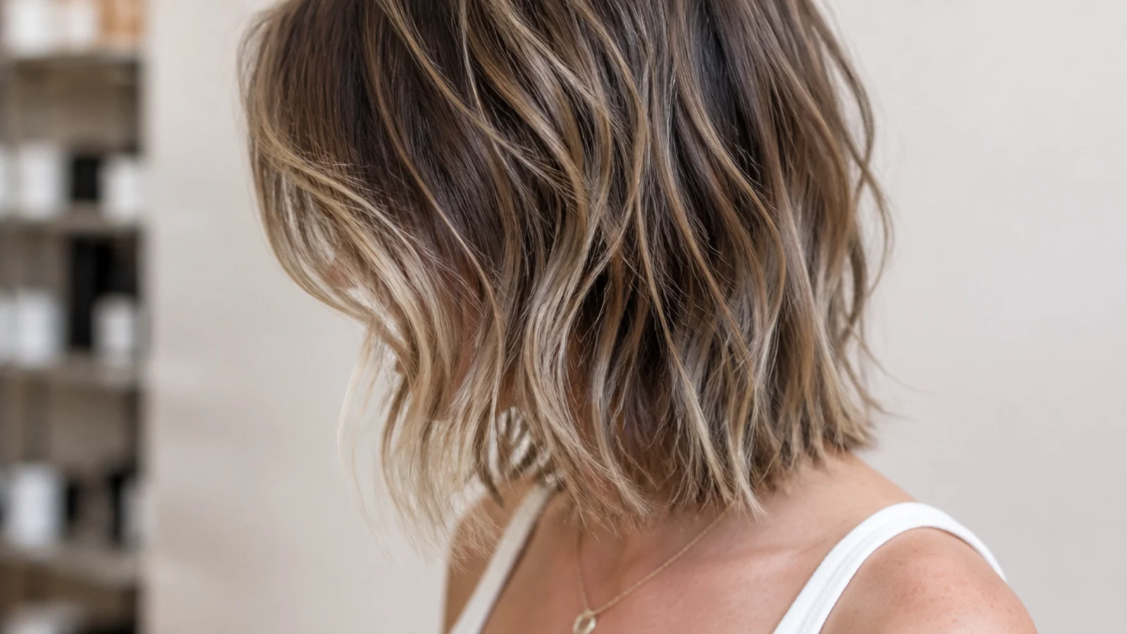 A textured shag with layers falling to just above the shoulder