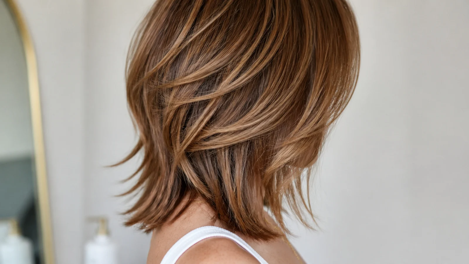 A wolf cut with height at the crown and thin ends at mid length