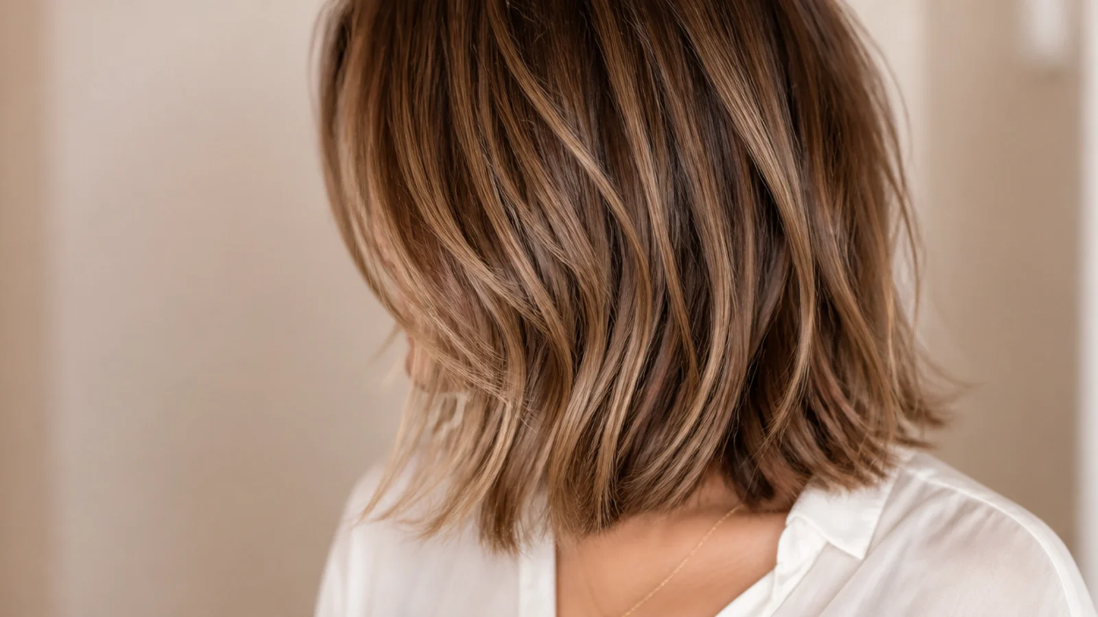 Mid length hair worn with a deep side part and lift at the crown