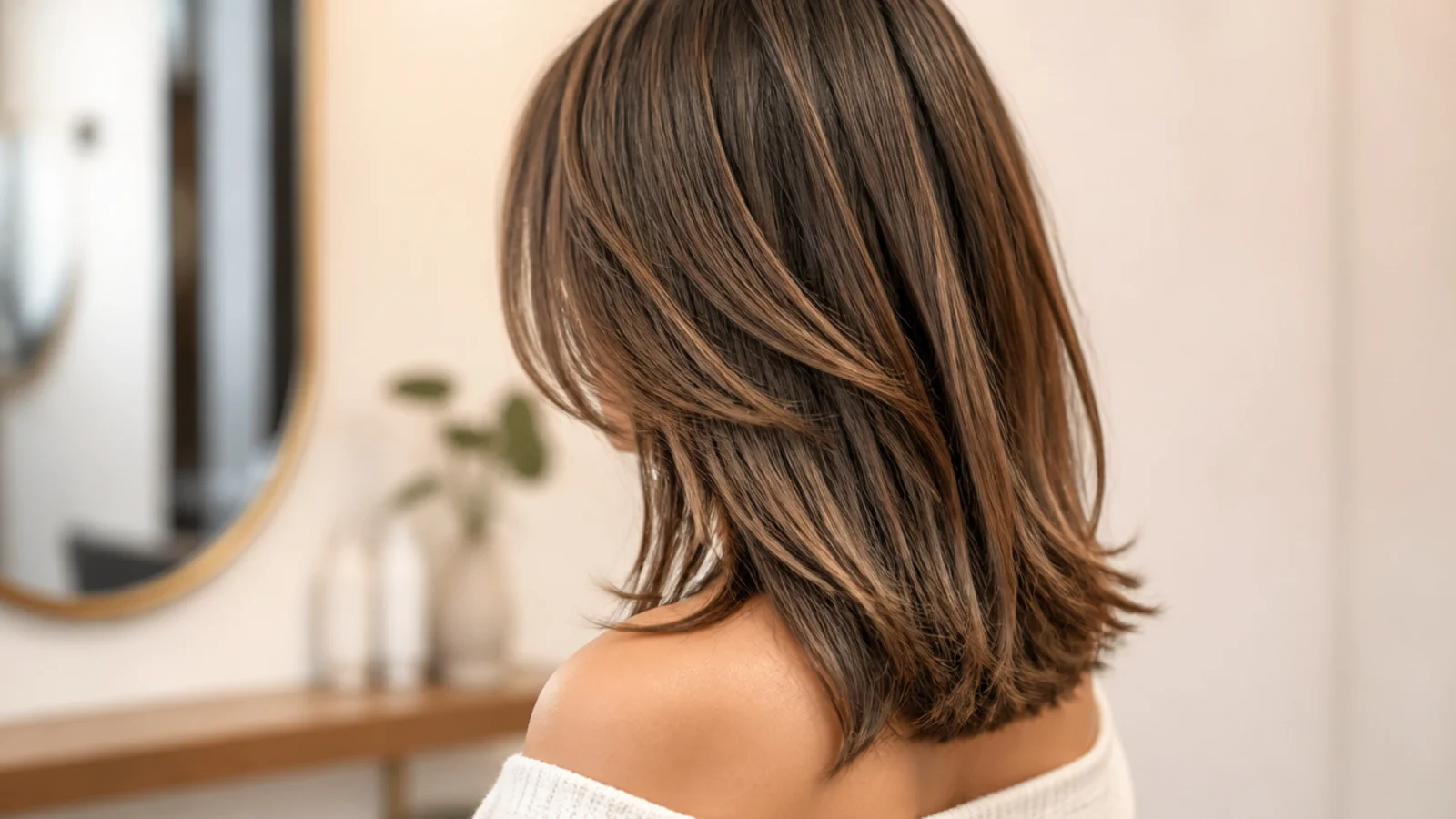 Hair grown past the shoulder with the ends curled slightly under