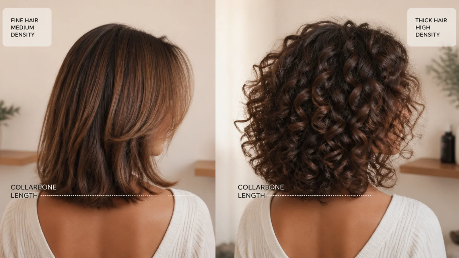Fine, thick and curly hair shown at the same mid length