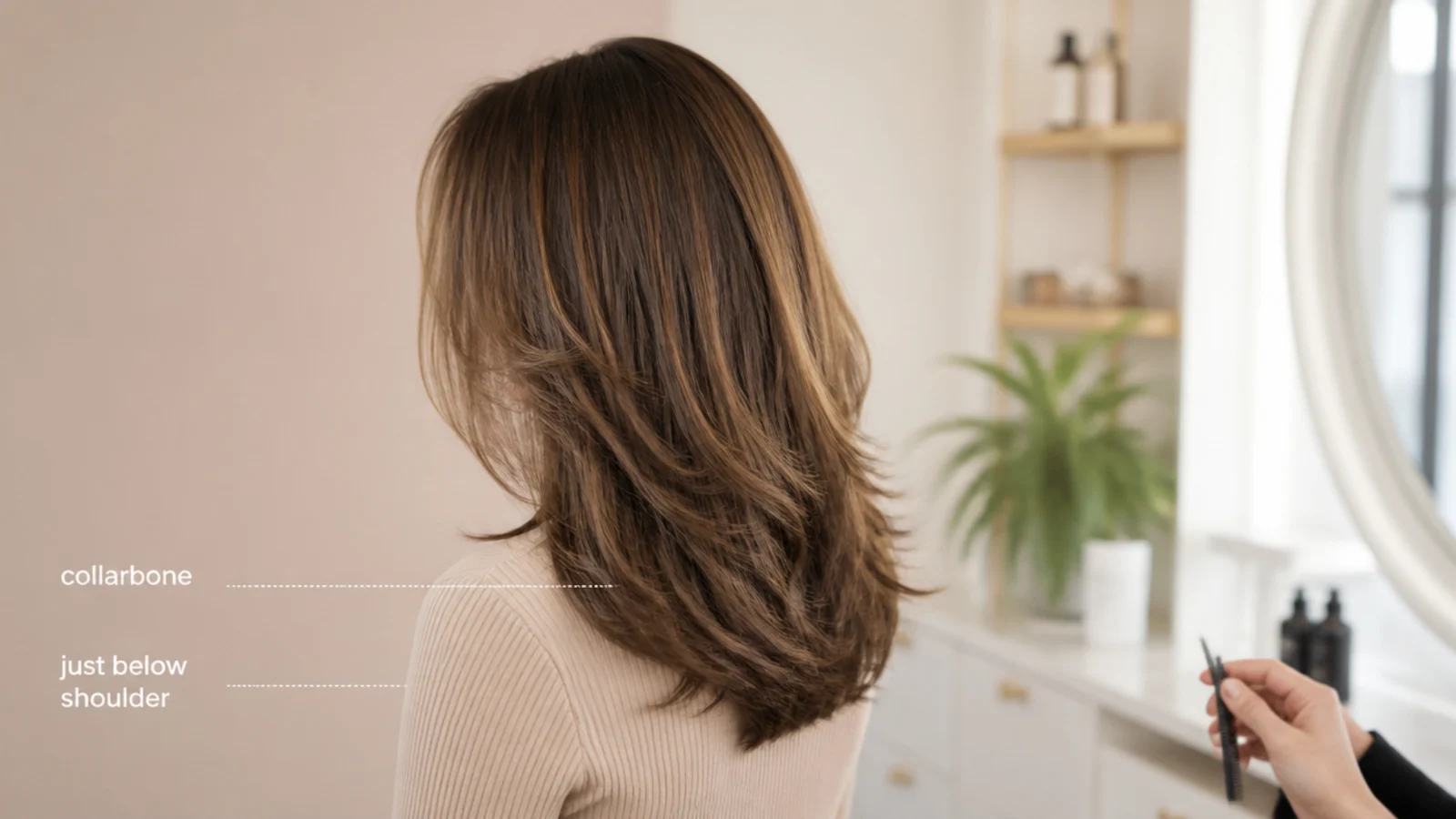 Hair part way through growing out with the ends resting near the shoulder