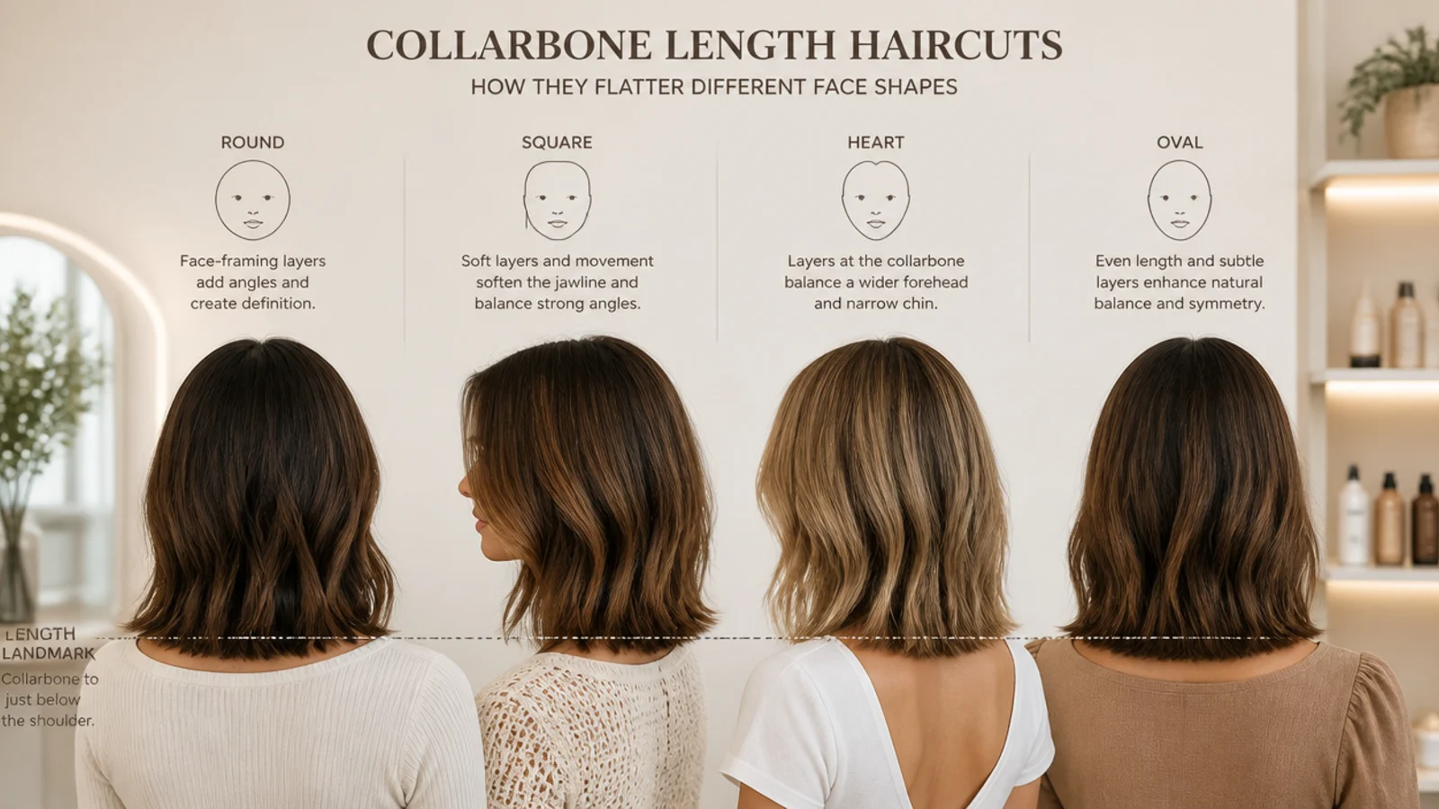 The same mid length cut compared across round, long, square and heart shaped faces