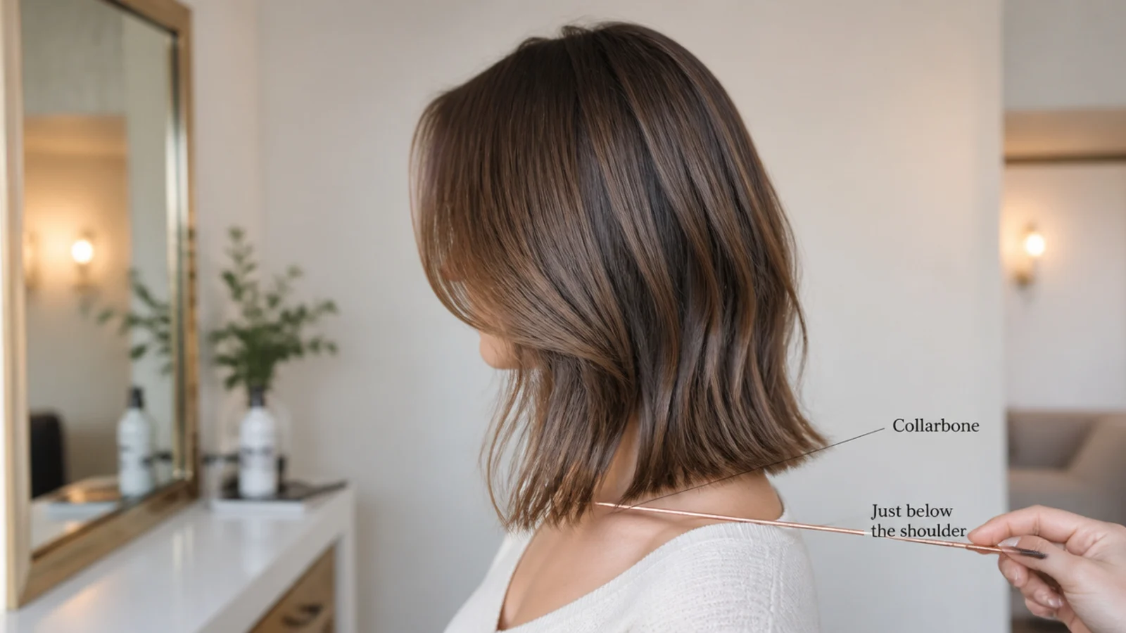 A stylist marking the intended perimeter height against a collarbone