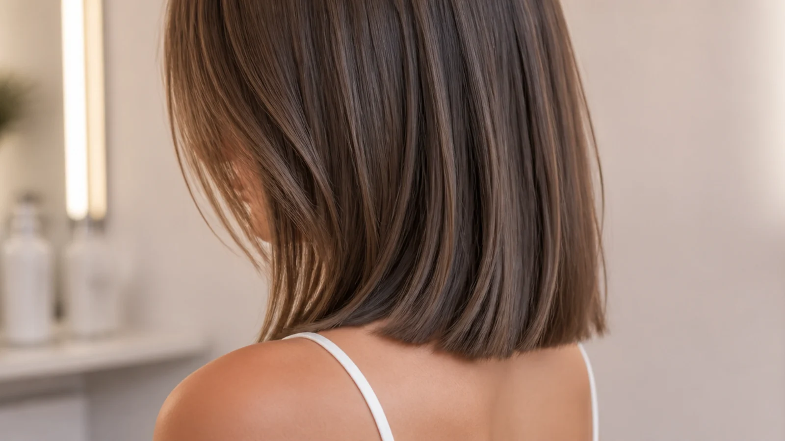 A straight cut hemline sitting level at the collarbone