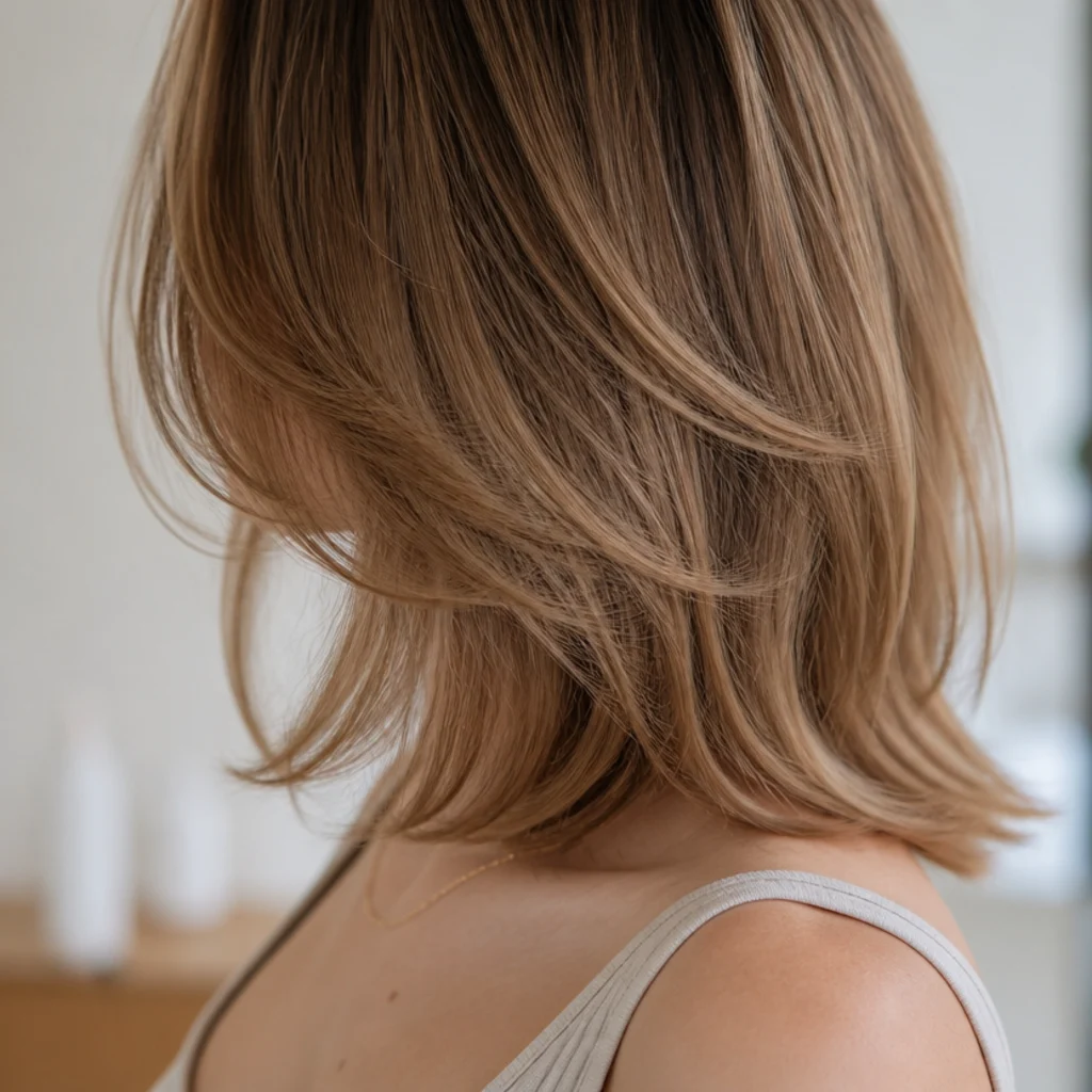 Soft layers falling past a strong jawline