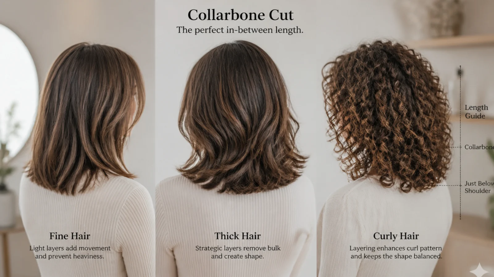 Mid length cuts shown on fine, thick, straight and curly hair