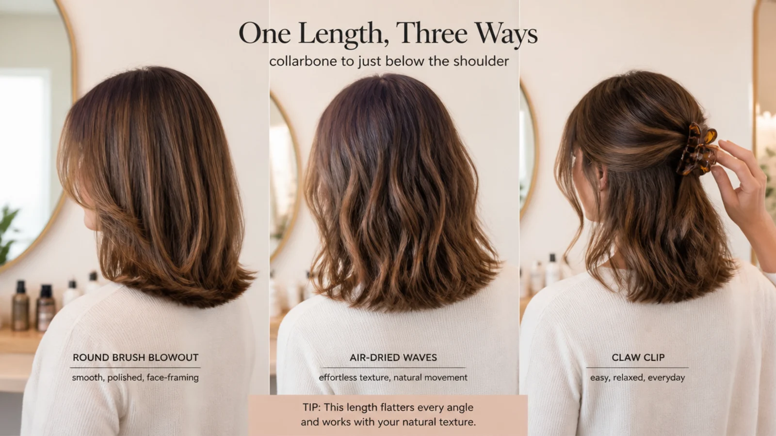 Mid length hair being blow dried with a round brush at the ends
