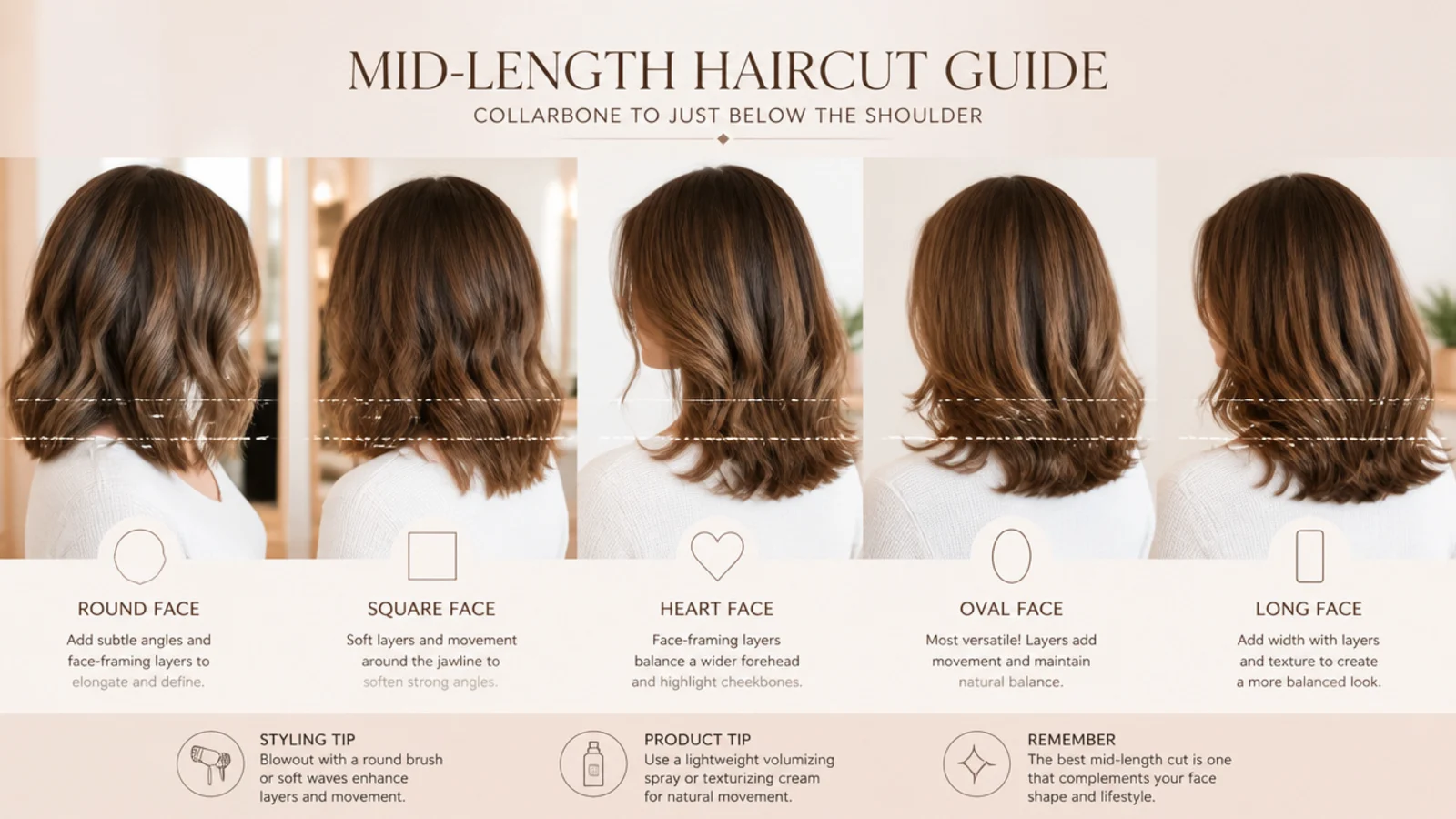 Four face shapes shown with matching mid length cuts