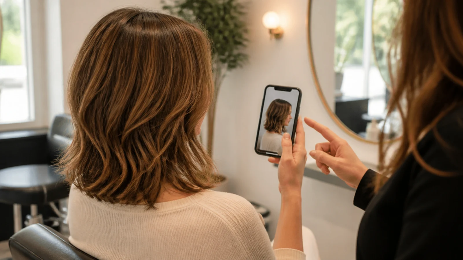 A consultation with the hair held against the collarbone