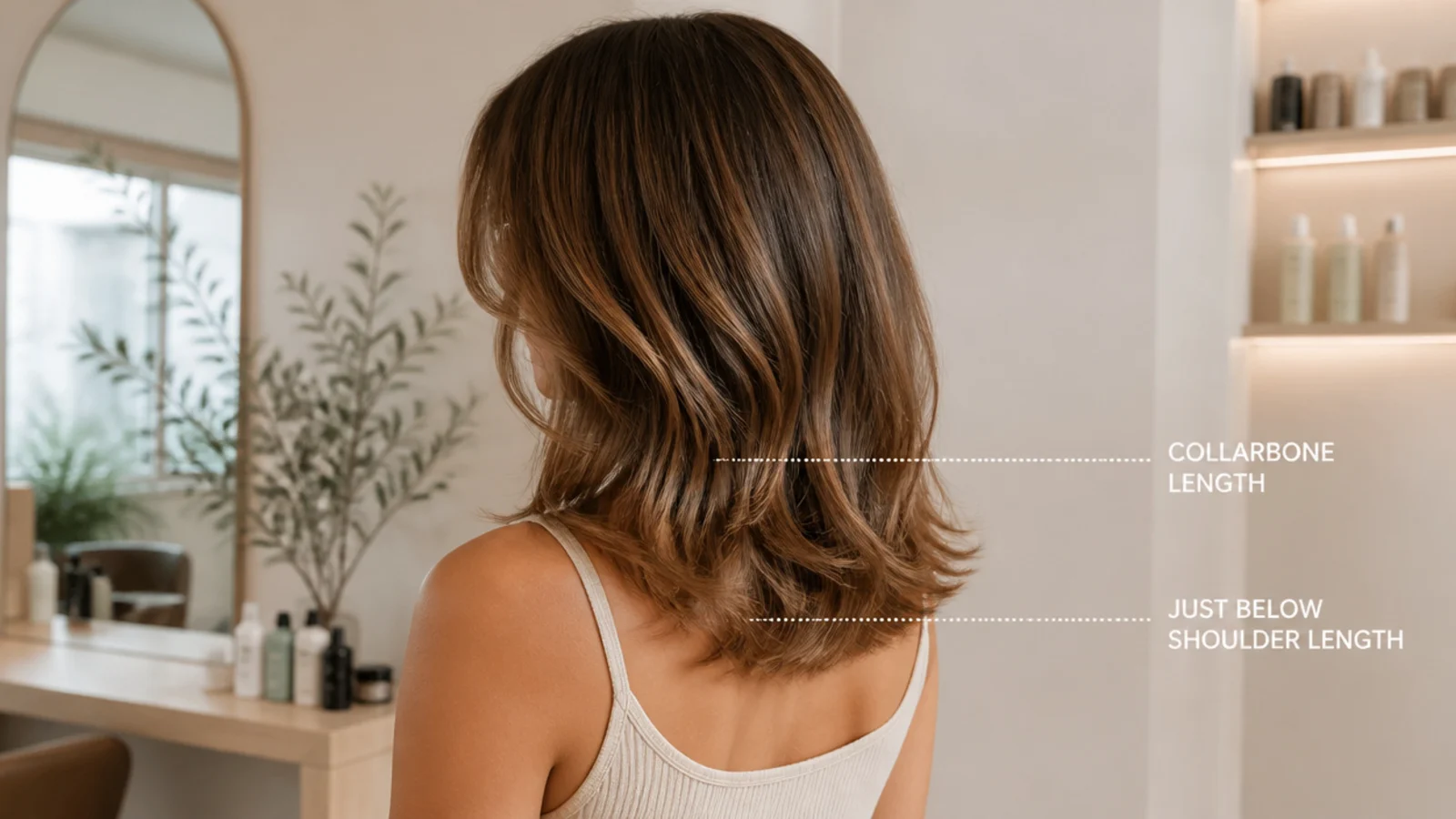 Mid length hair measured against the collarbone