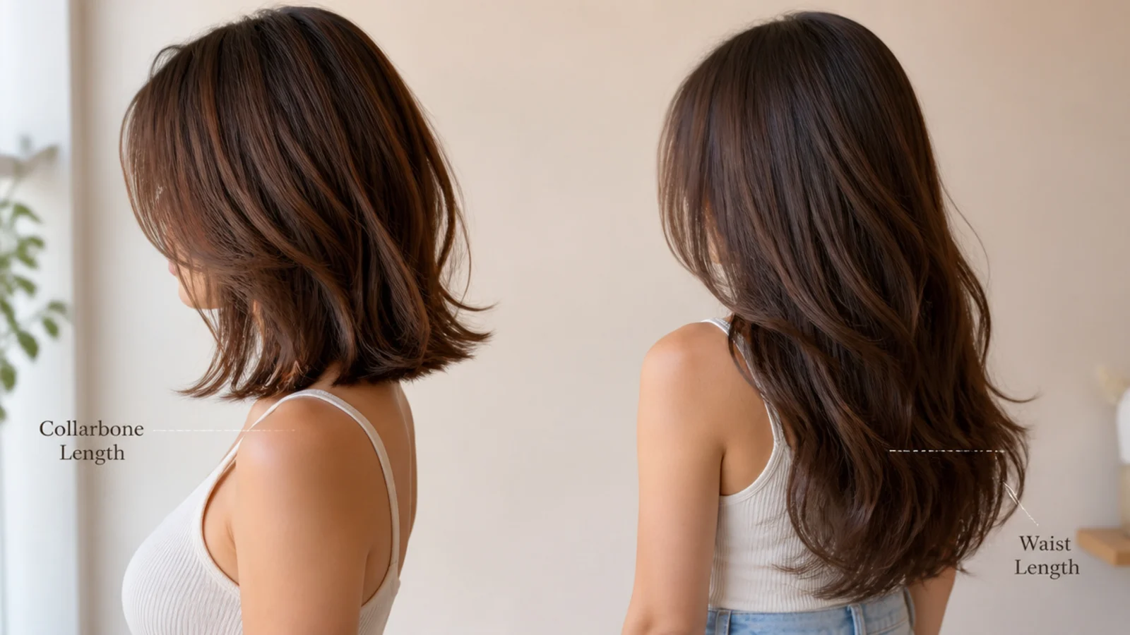 Side profiles of fine brunette hair at collarbone length and at waist length with labelled guide lines