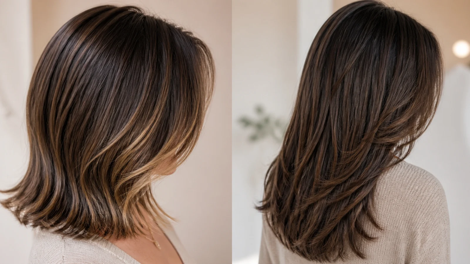 Thick coarse dark hair shown at shoulder length and at mid-back length side by side