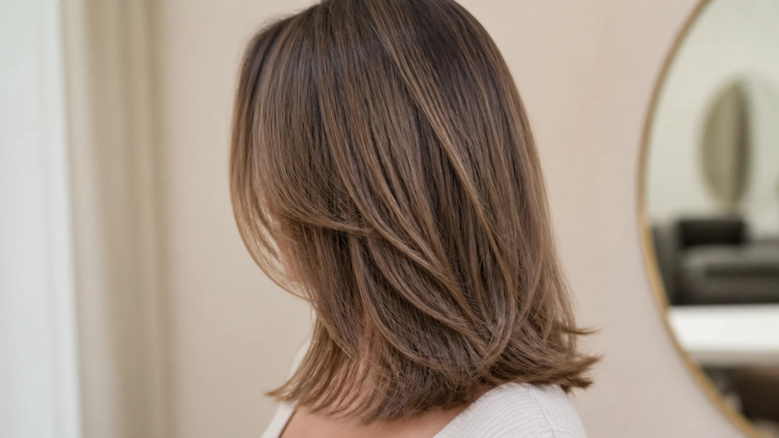 A round face photographed with a collarbone cut and with long layered hair