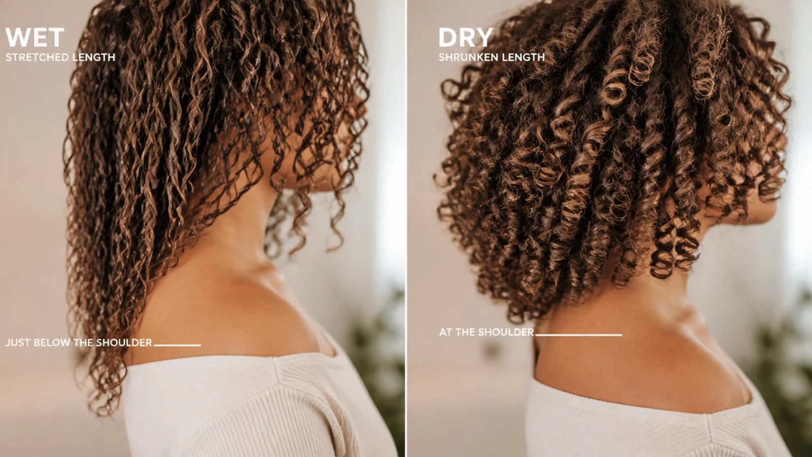 Curly hair shown wet and stretched beside the same hair dry and shrunken