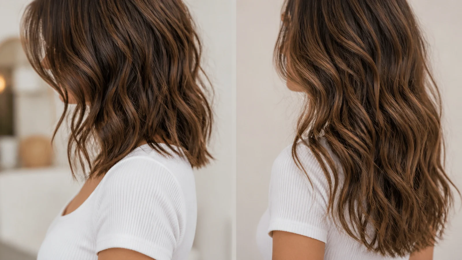 Wavy hair forming a triangular silhouette at shoulder length beside a longer layered version