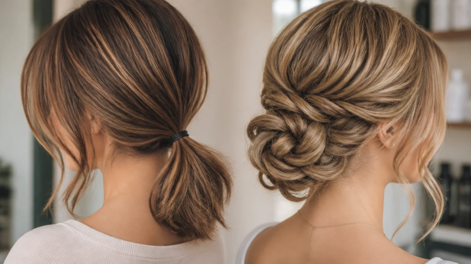 A small low bun on shoulder length hair beside a full twisted updo on long hair