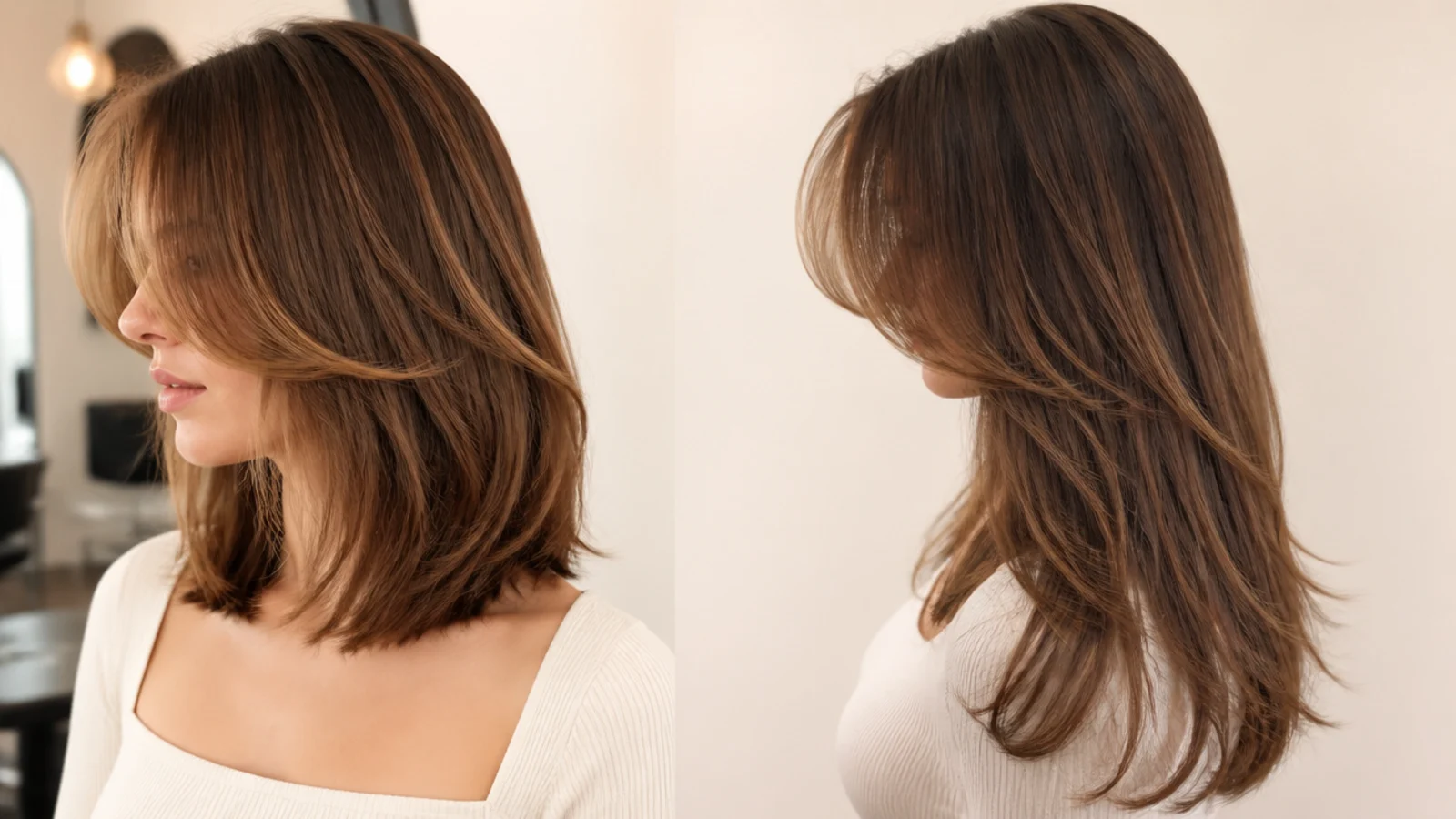 Curtain bangs shown against a collarbone cut and against long hair