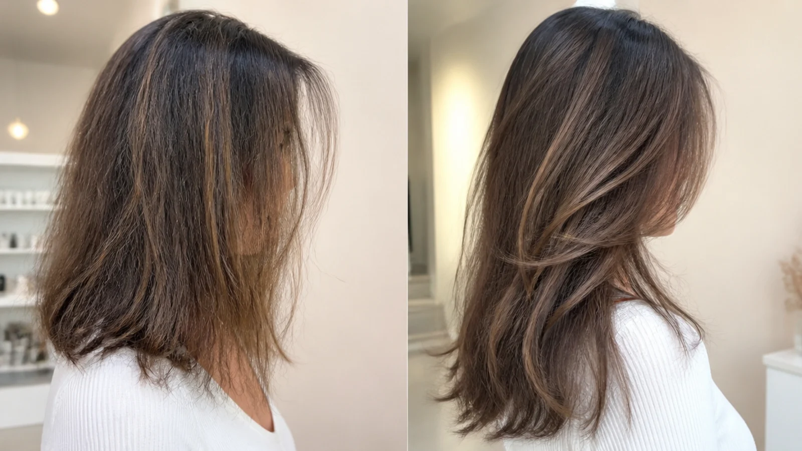 Hair expanding in humid air shown at two lengths against a plain wall